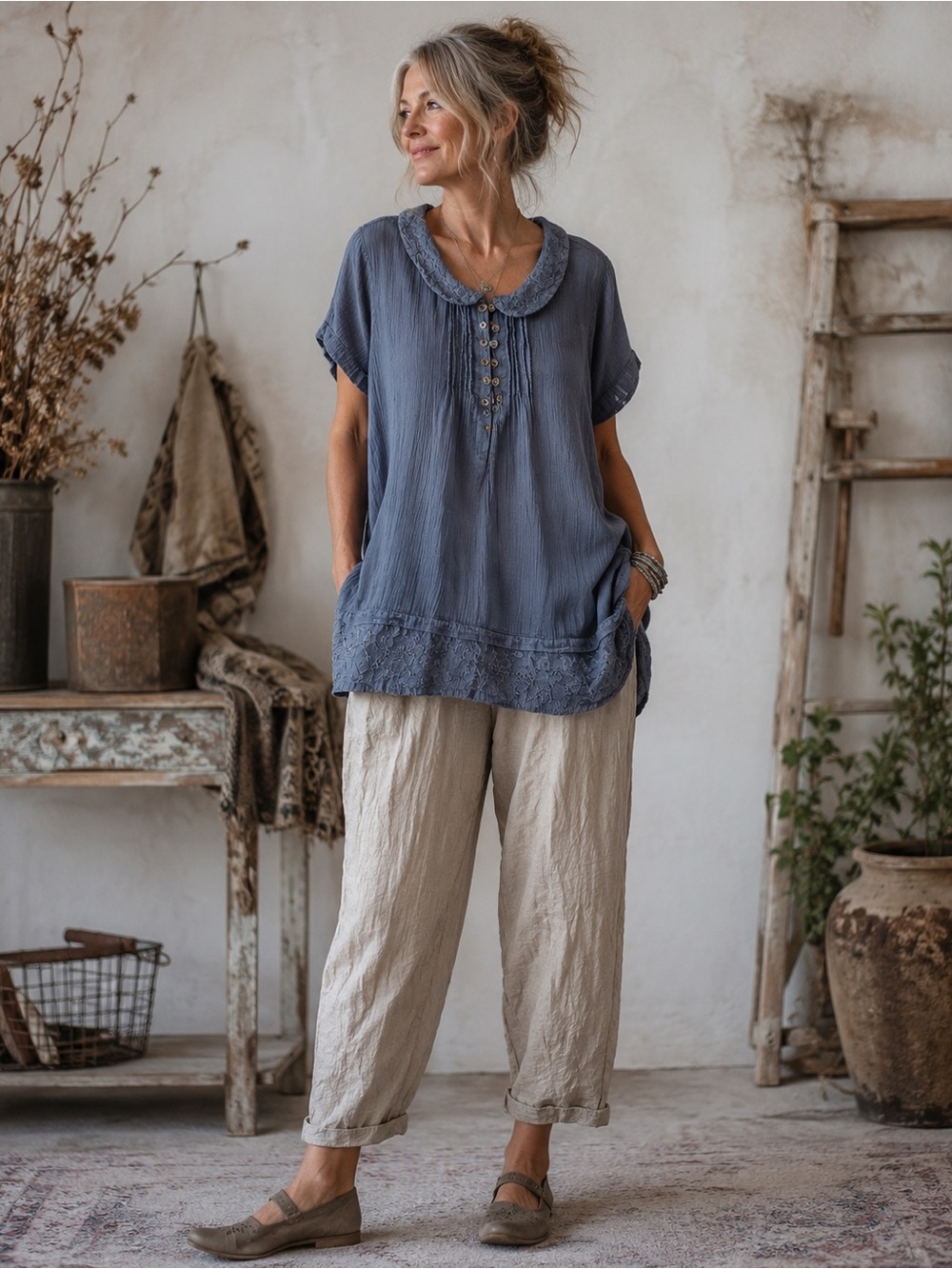 APRIL CORNELL Cotton Gauze Cottagecore Tunic Top Blue Lace Trim Boho Romantic